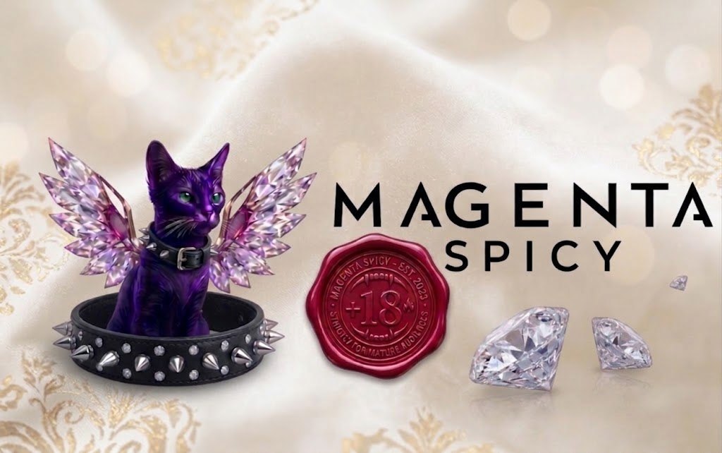 Magenta Spicy: gato violeta con alas de cristal, sello +18 y diamantes
